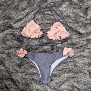 2 pc bikini, gray with pink flowers